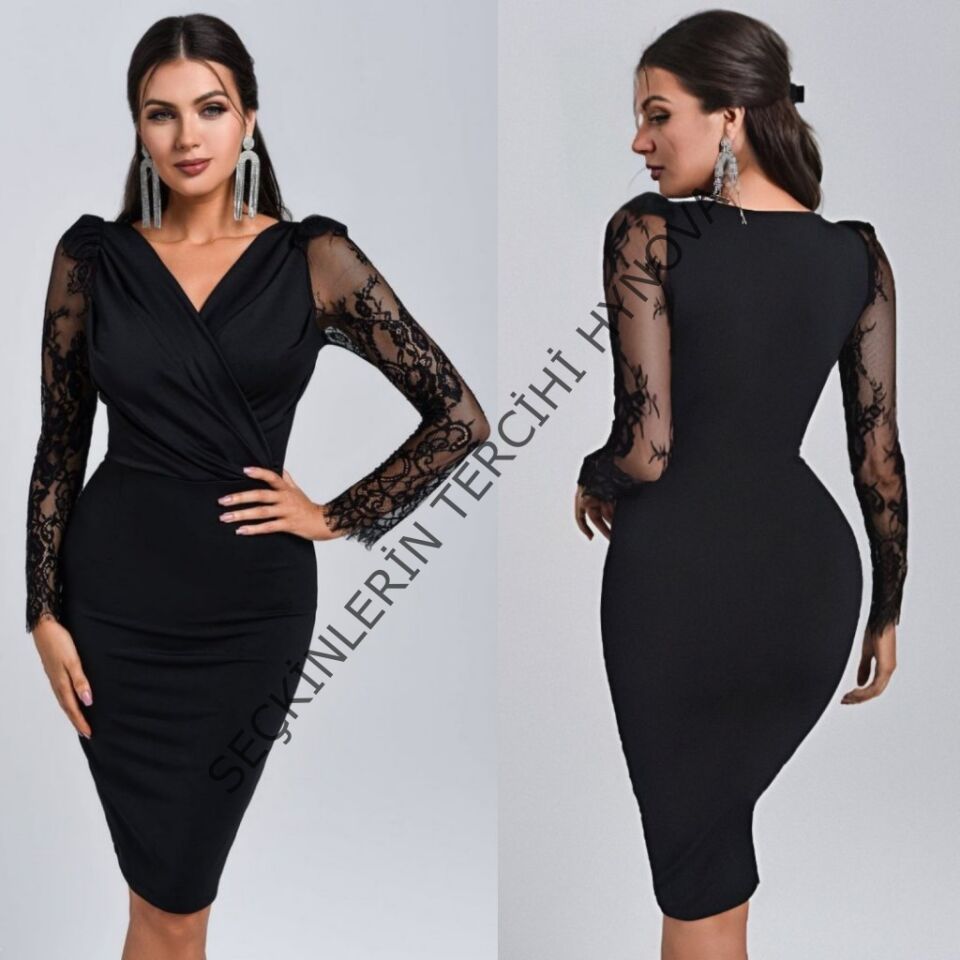 Kadın Uzun Kollu Kruvaze Yaka Kollar Tül Detay Krep Mini Boy Elbise