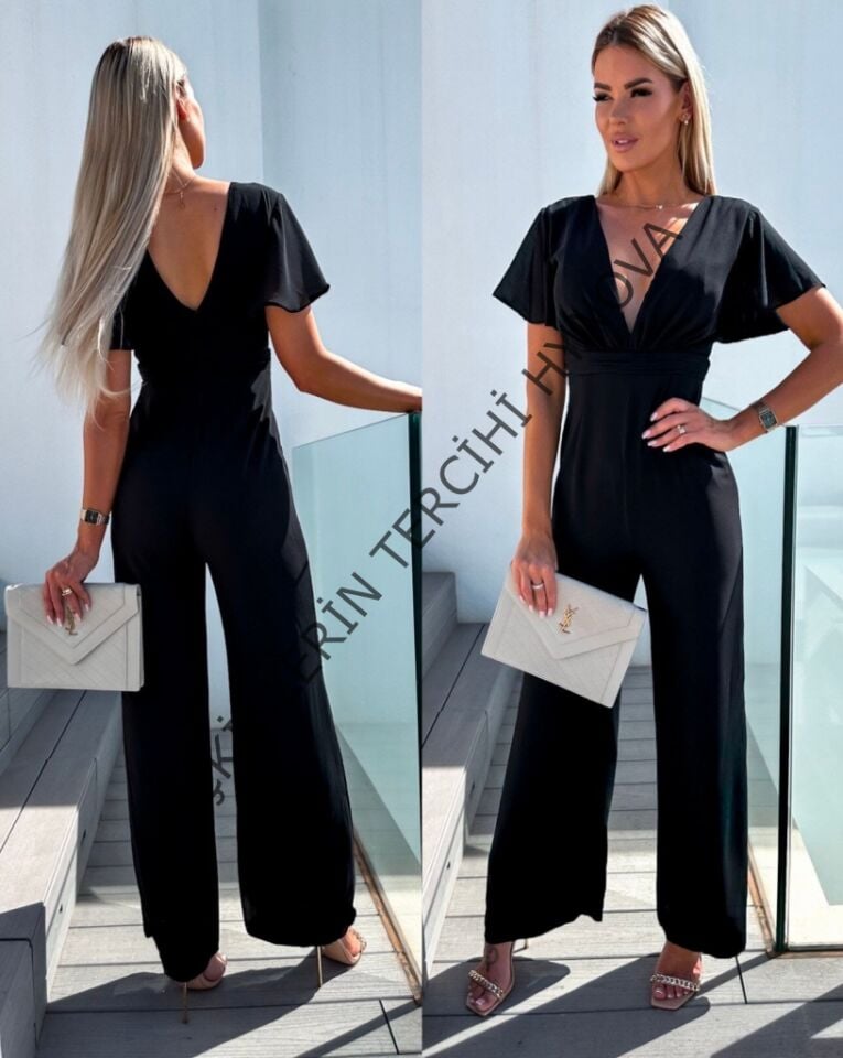 Kadın Kısa Kollu Kruvaze Yaka Sırt Dekolteli Pegasus Kumaş Tulum