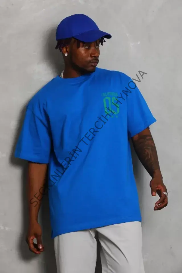 Unisex Oversize Baskılı Bisiklet Yaka T-Shirt - Mavi