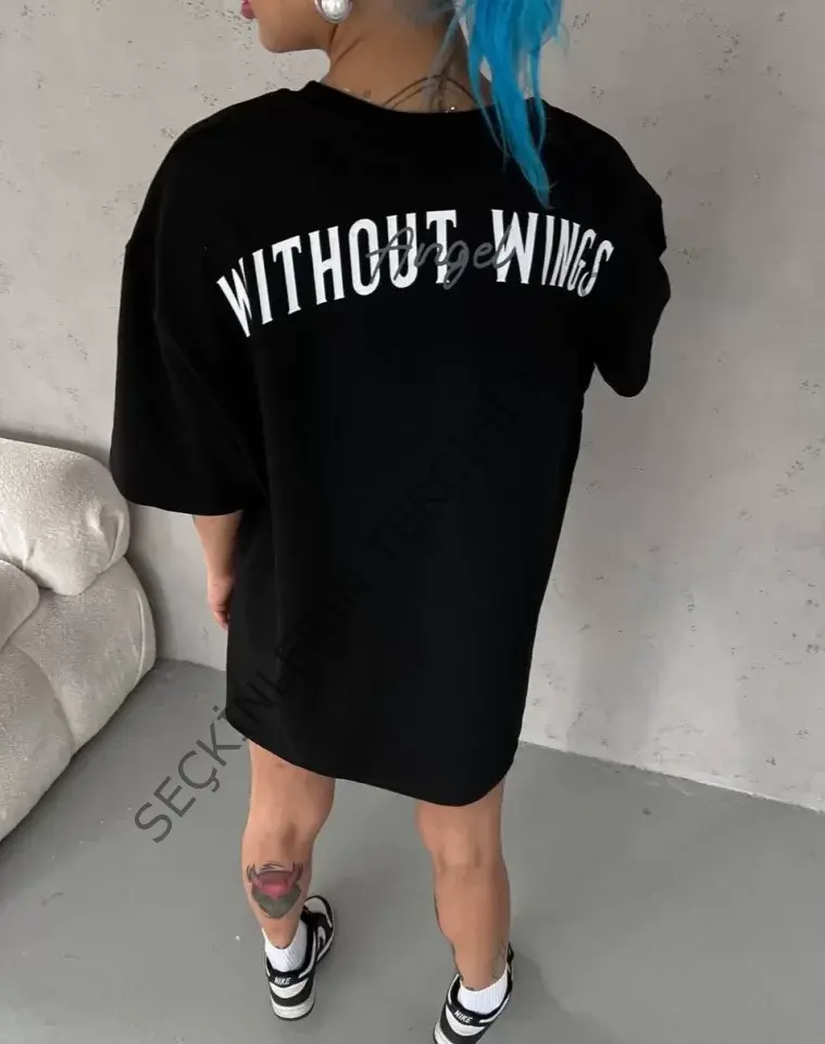 Unisex Bisiklet Yaka Baskılı Oversize T-Shirt - Siyah