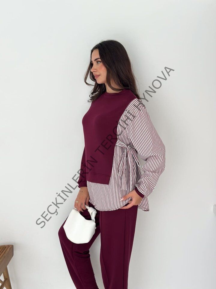 Kadın Gömlek Detay çizgili Yandan Bağlamalı Ikili Takım