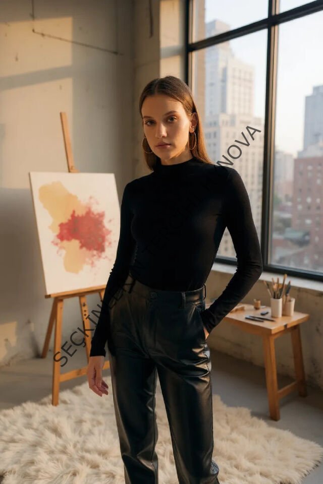 Kadın Siyah Parmak Detaylı Esnek Uzun Kollu Body