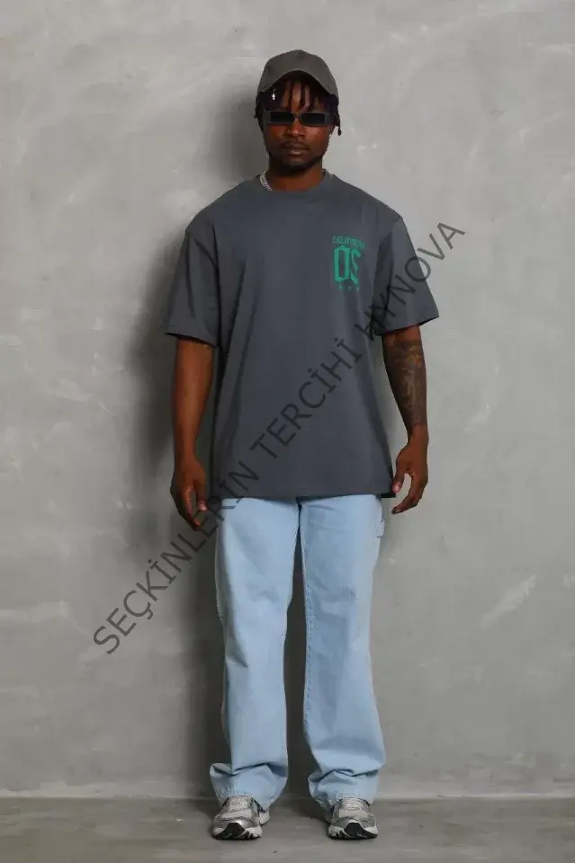 Unisex Oversize Baskılı Bisiklet Yaka T-Shirt - Füme