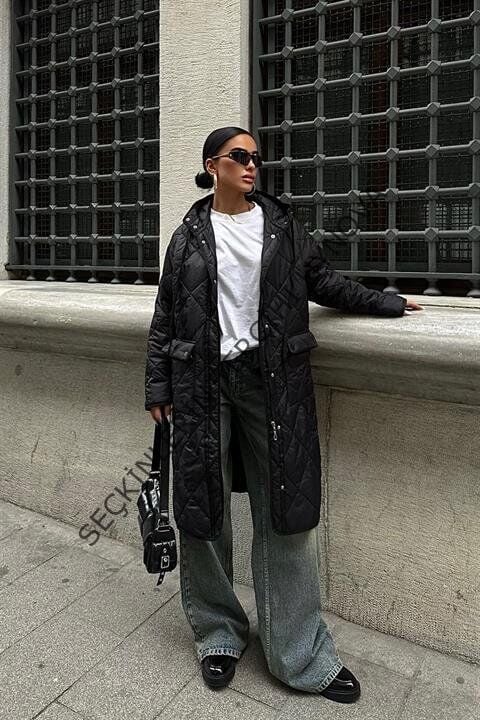 Fermuar Ve Kapşonlu Uzun Kapitone Mont 7062