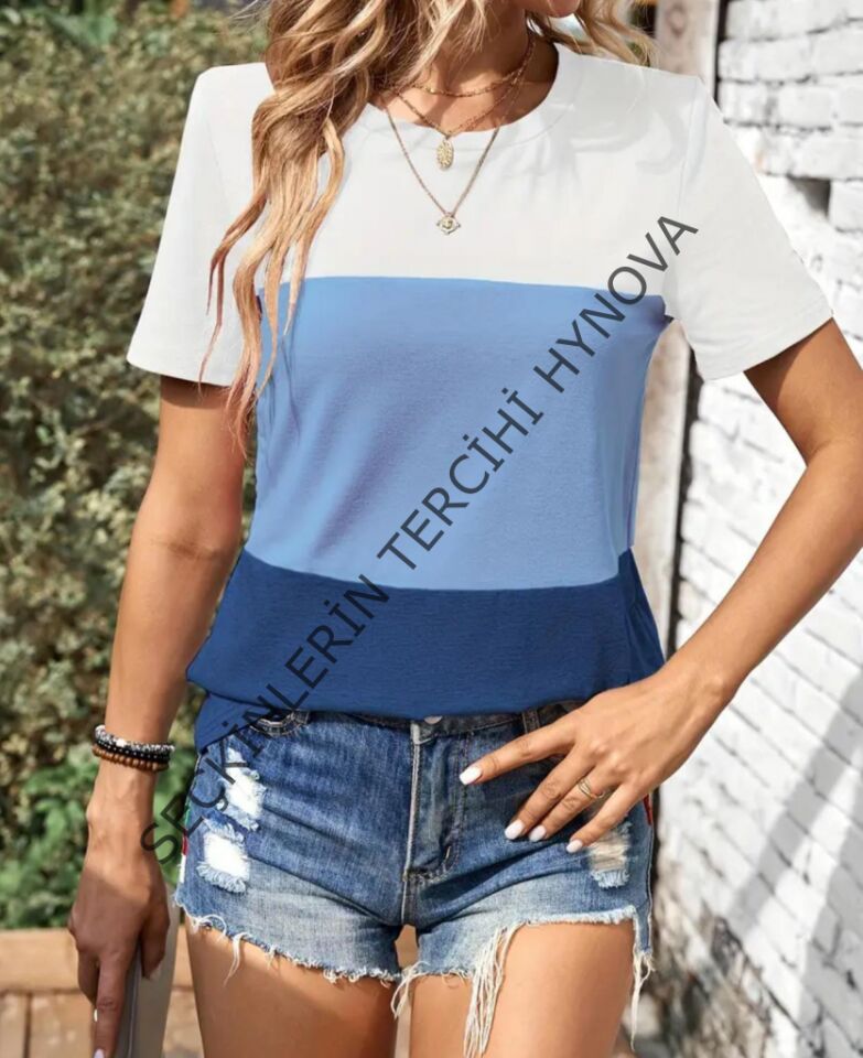 Kadın Kısa Kollu Bisiklet Yaka Salaş Viskon Bluz