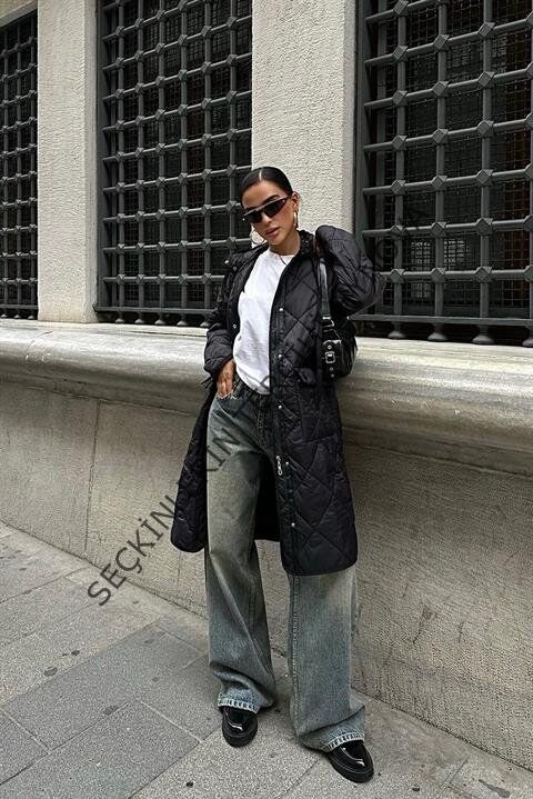 Fermuar Ve Kapşonlu Uzun Kapitone Mont 7062