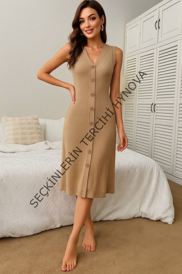 Kadın V Yakalı önden Düğmeli Kaşkorse Elbise
