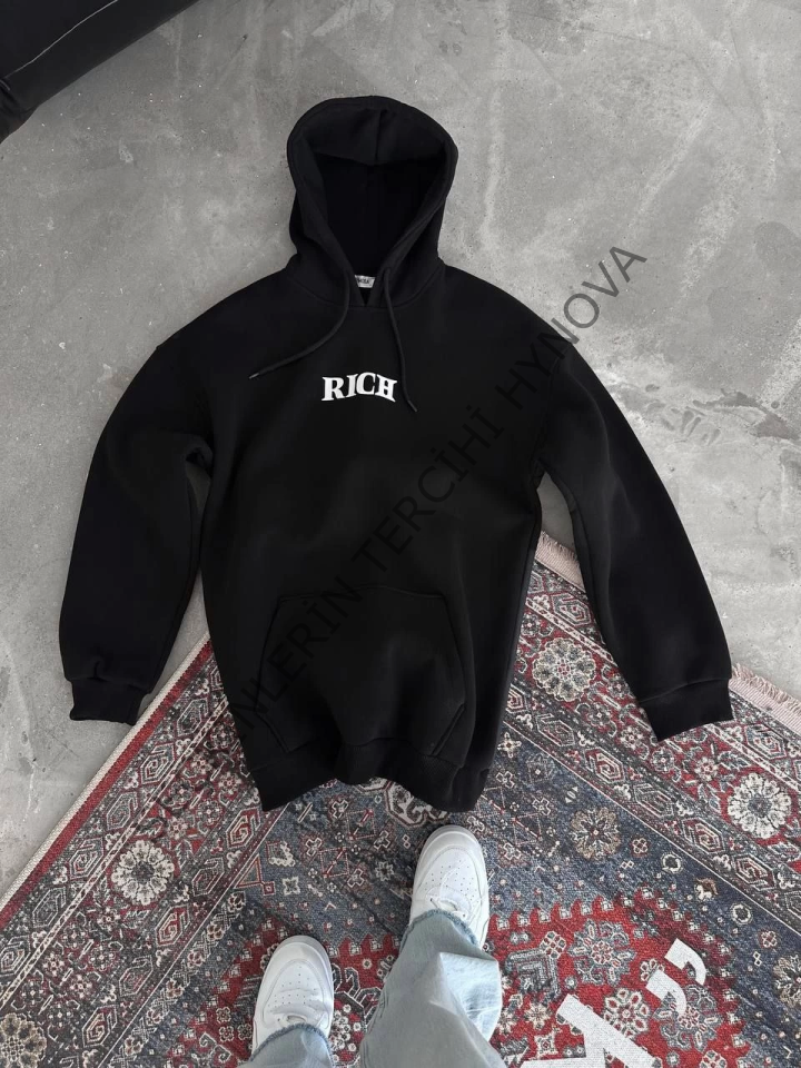 Uzun Kol Kapşonlu Göğüs Baskılı SweatShirt - Siyah