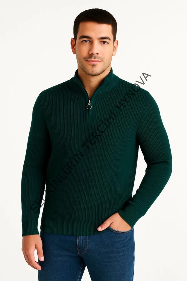 Erkek Yarım Fermuarlı Triko Kazak – Selanik Örgü, Dik Yaka, Pamuklu Dokuma, Regular Fit Uzun Kollu Kışlık Model - Haki