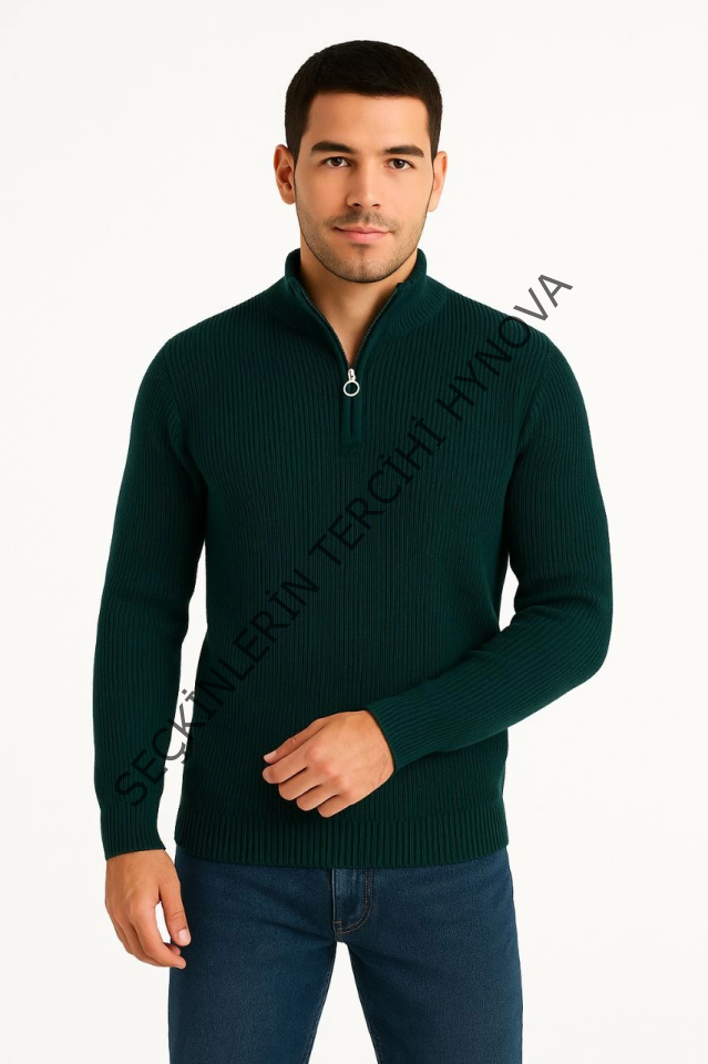 Erkek Yarım Fermuarlı Triko Kazak – Selanik Örgü, Dik Yaka, Pamuklu Dokuma, Regular Fit Uzun Kollu Kışlık Model - Haki