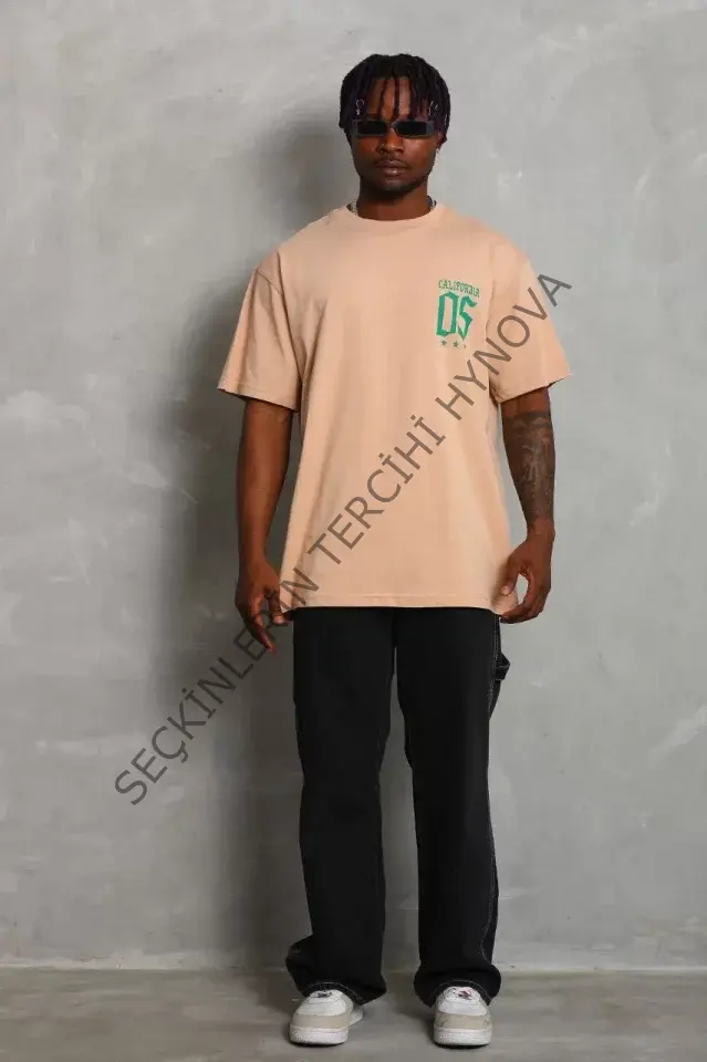 Unisex Oversize Baskılı Bisiklet Yaka T-Shirt - Bej