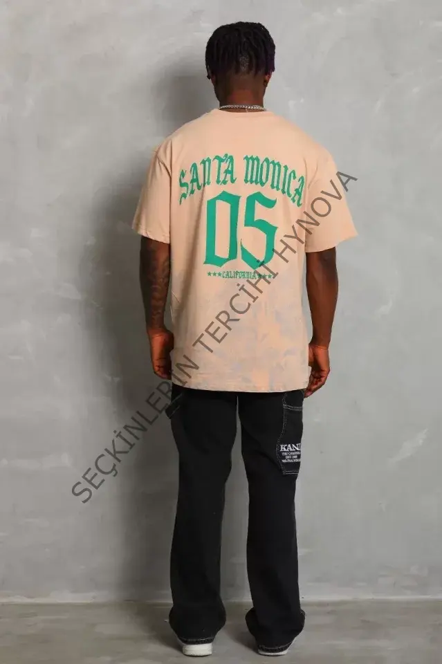 Unisex Oversize Baskılı Bisiklet Yaka T-Shirt - Bej