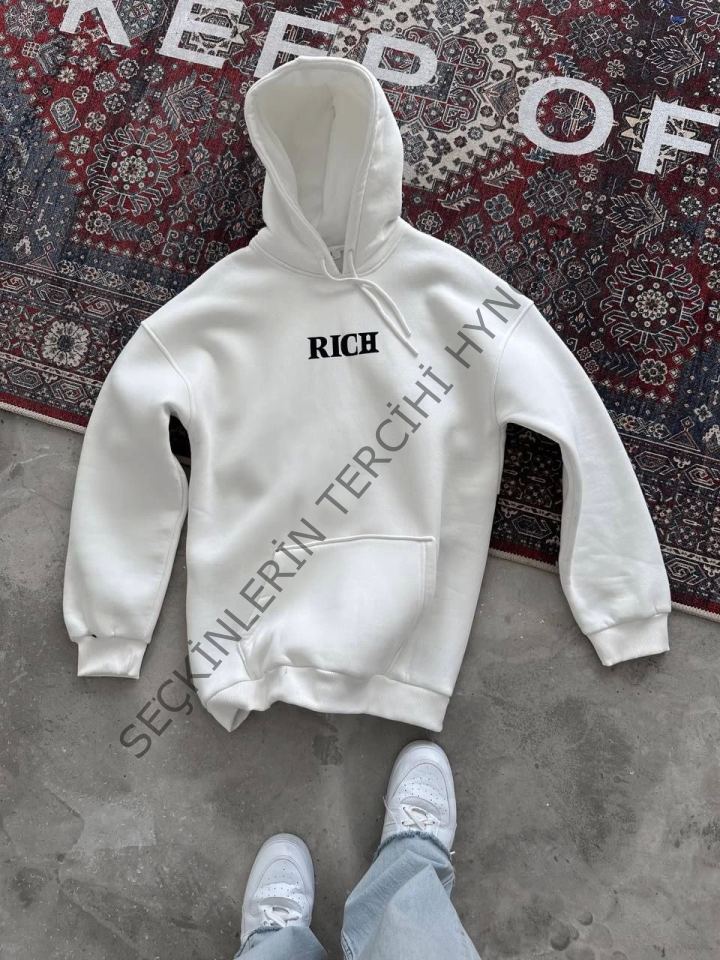 Uzun Kol Kapşonlu Göğüs Baskılı SweatShirt - Beyaz