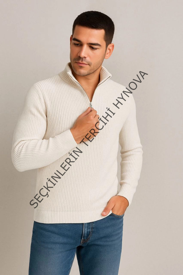 Erkek Yarım Fermuarlı Triko Kazak – Selanik Örgü, Dik Yaka, Pamuklu Dokuma, Regular Fit Uzun Kollu Kışlık Model - Beyaz