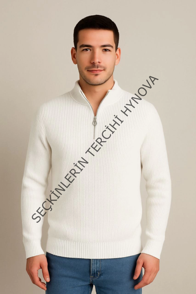 Erkek Yarım Fermuarlı Triko Kazak – Selanik Örgü, Dik Yaka, Pamuklu Dokuma, Regular Fit Uzun Kollu Kışlık Model - Beyaz