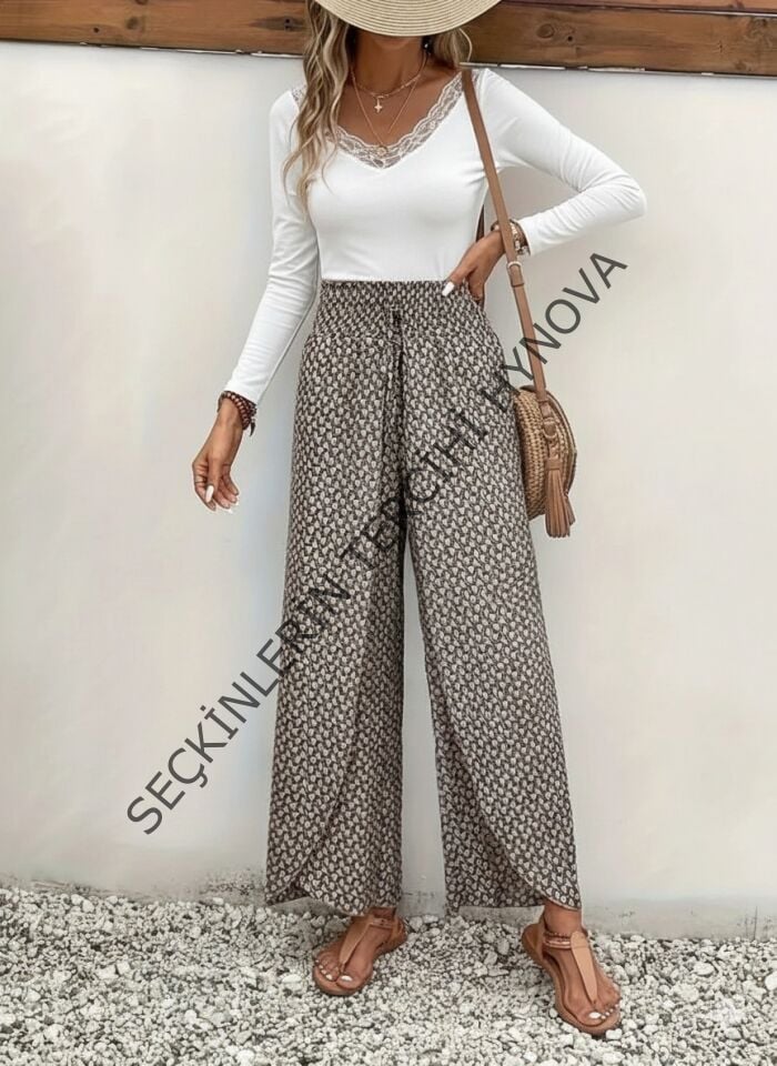 Kadın Yüksek Bel Lastikli önden Iki Parçalı Desenli Bürümcük Pantolon