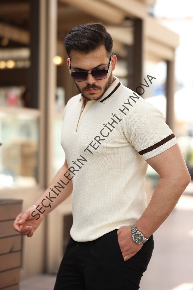 Erkek Yaka Ve Kolları çizgi Detaylı Fermuarlı Kısa Kollu T-shirt