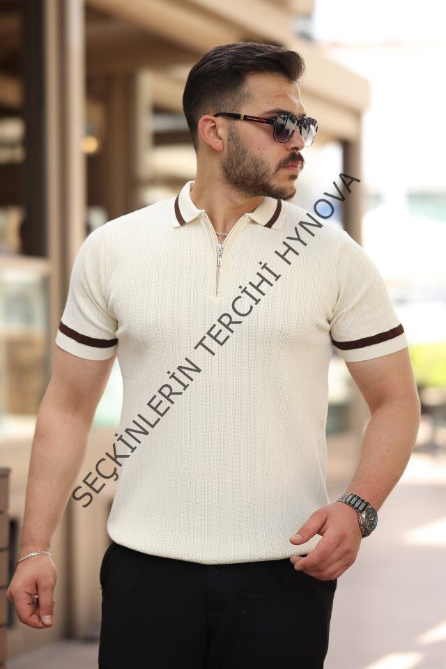 Erkek Yaka Ve Kolları çizgi Detaylı Fermuarlı Kısa Kollu T-shirt