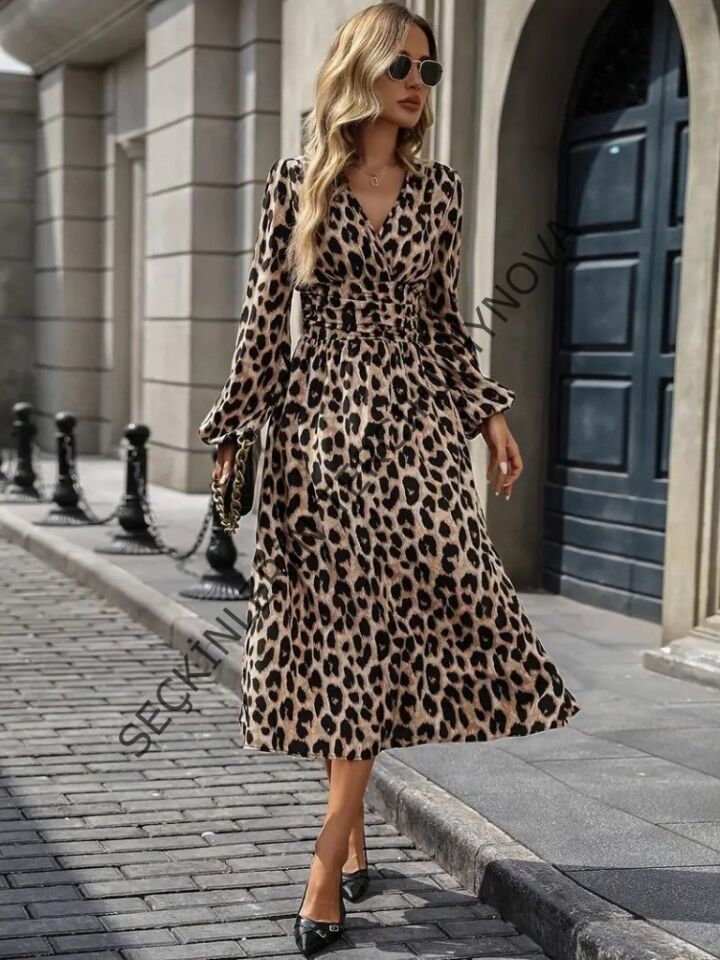Kadın Uzun Kollu Kruvaze Yaka Belden Oturtmalı Midi Modal Leopar Desenli Elbise