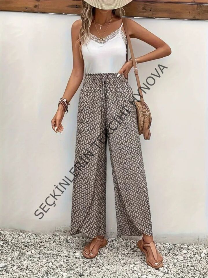 Kadın Yüksek Bel Lastikli önden Iki Parçalı Desenli Bürümcük Pantolon