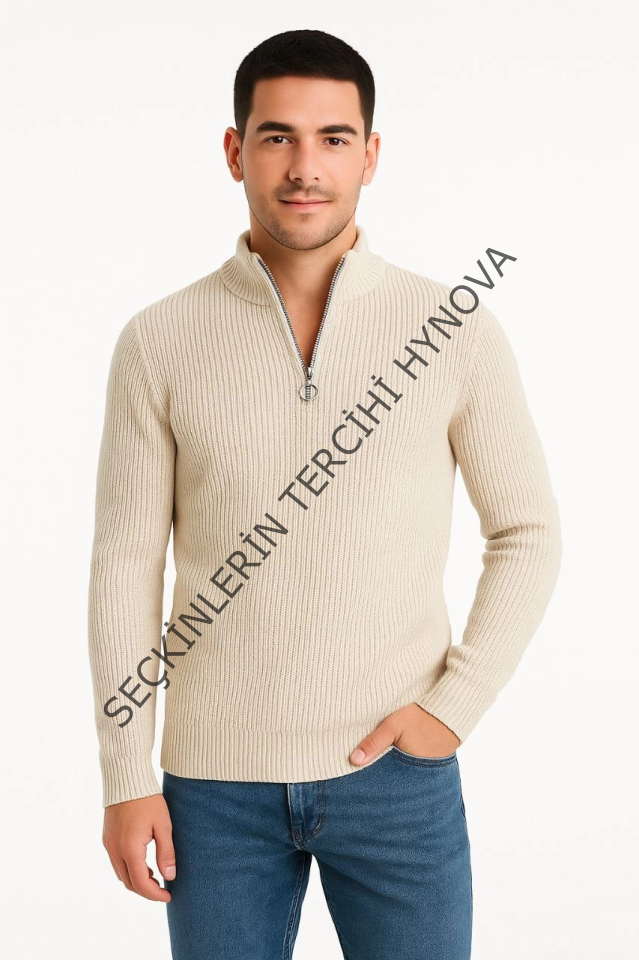 Erkek Yarım Fermuarlı Triko Kazak – Selanik Örgü, Dik Yaka, Pamuklu Dokuma, Regular Fit Uzun Kollu Kışlık Model - Bej