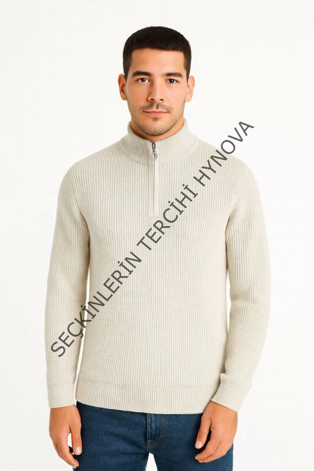 Erkek Yarım Fermuarlı Triko Kazak – Selanik Örgü, Dik Yaka, Pamuklu Dokuma, Regular Fit Uzun Kollu Kışlık Model - Bej