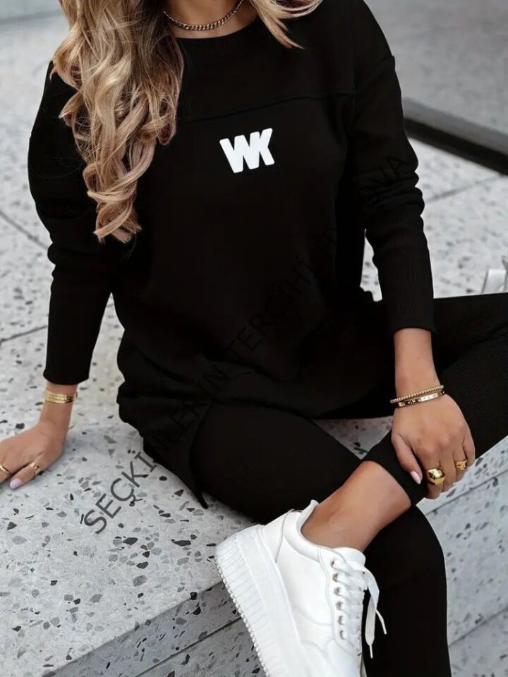 Kadın Uzun Kollu Bisiklet Yaka Nervurlu Viskon Iki Iplik Ve Tayt Pantolon Ikili Takım