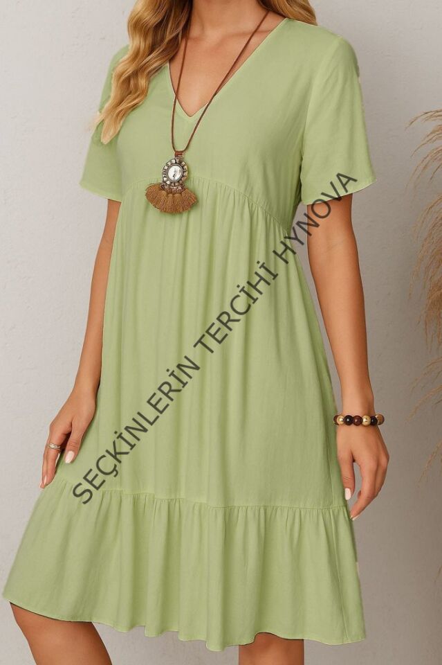 Kadın Kısa Kollu V Yakalı Fırfırlı Bürümcük Elbise