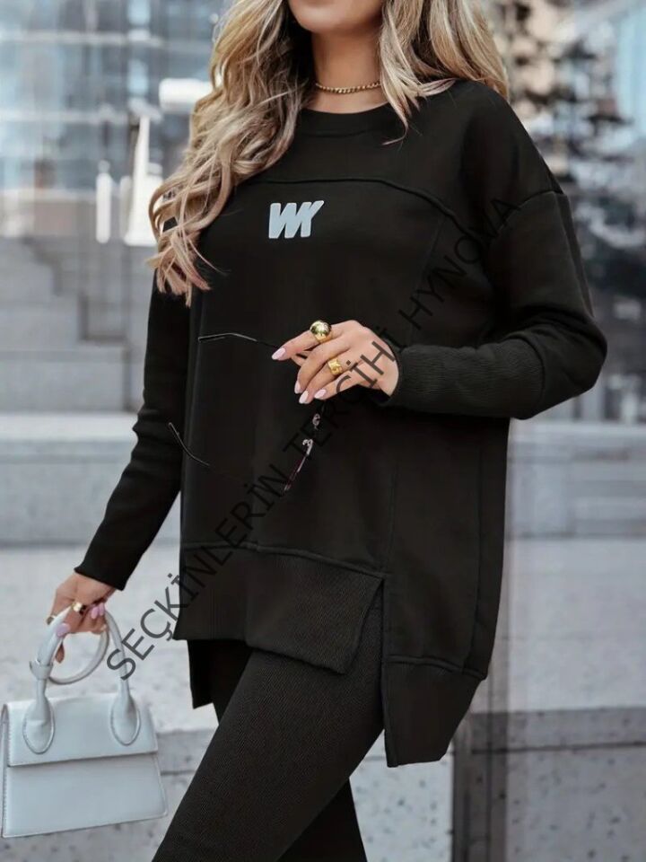 Kadın Uzun Kollu Bisiklet Yaka Nervurlu Viskon Iki Iplik Ve Tayt Pantolon Ikili Takım