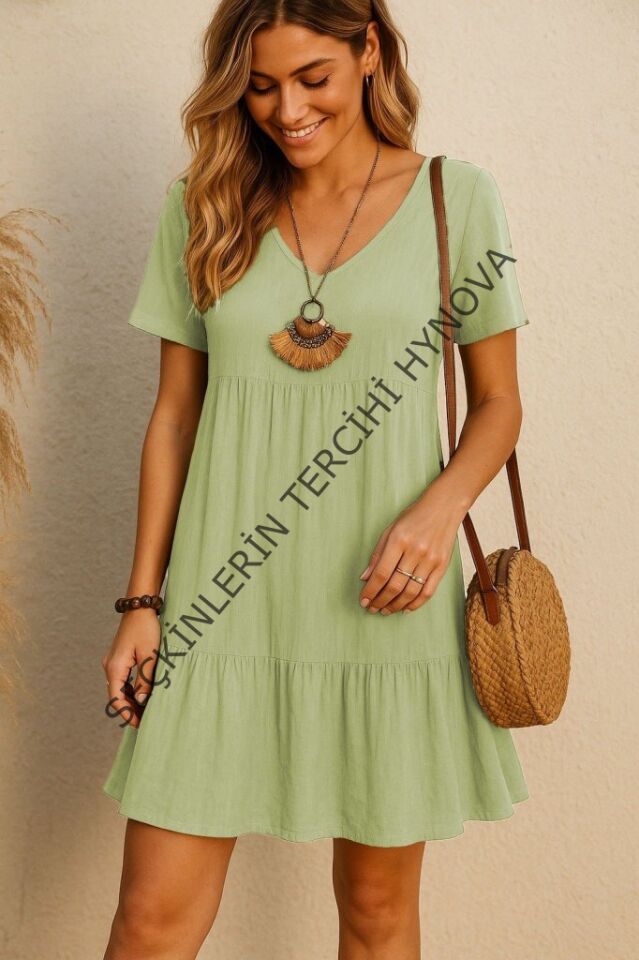 Kadın Kısa Kollu V Yakalı Fırfırlı Bürümcük Elbise
