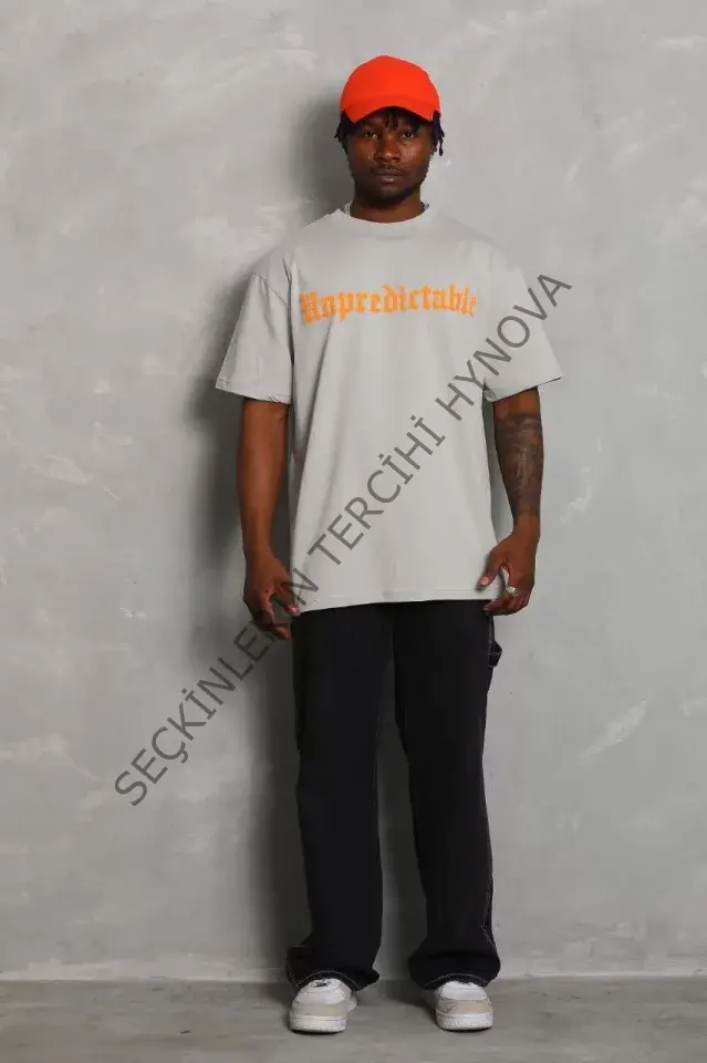 Unisex Oversize Baskılı Bisiklet Yaka T-Shirt - Gri