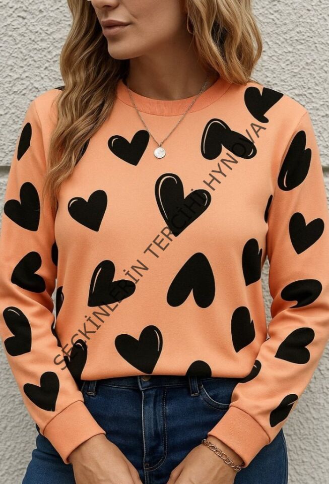 Kadın Uzun Kollu Bisiklet Yaka Kalp Desenli Iki Iplik Bluz