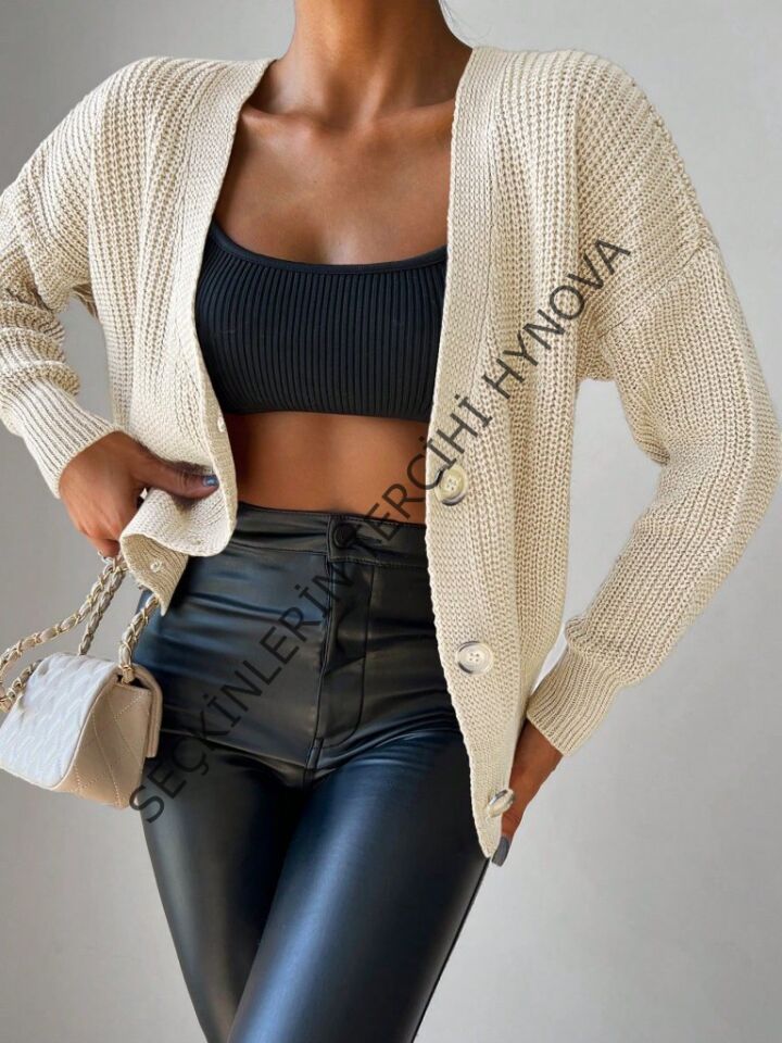 Kadın Uzun Kollu Düğme Detay Triko Bluz