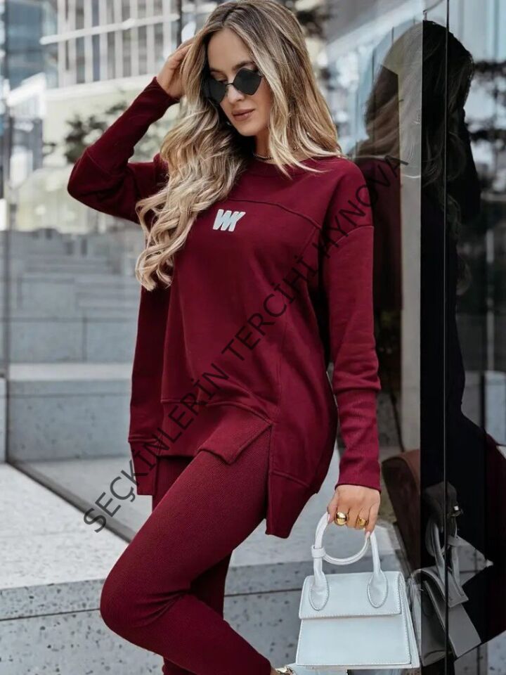 Kadın Uzun Kollu Bisiklet Yaka Nervurlu Viskon Iki Iplik Ve Tayt Pantolon Ikili Takım