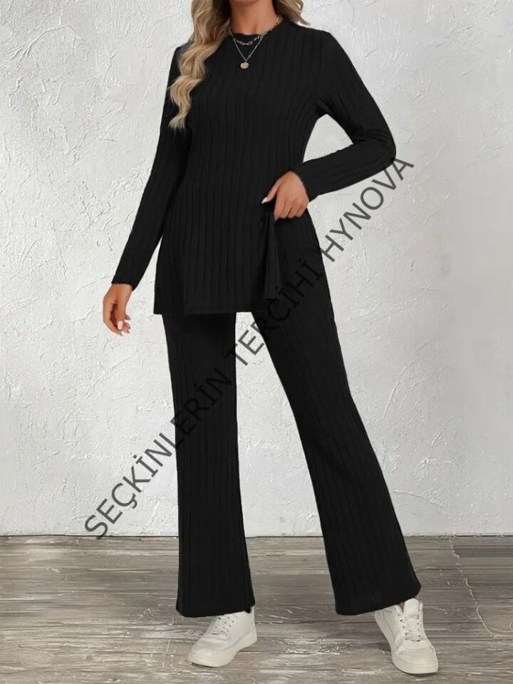 Kadın Uzun Kollu Bisiklet Yaka Yandan Yırtmaçlı şardonlu Kaşkorse Bluz Ve Pantolon Ikili Takım