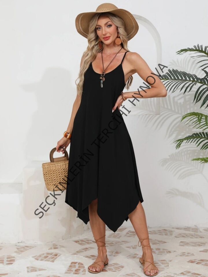 Kadın Ip Askılı Yuvarlak Yakalı Asimetrik Kesim Viskon Elbise