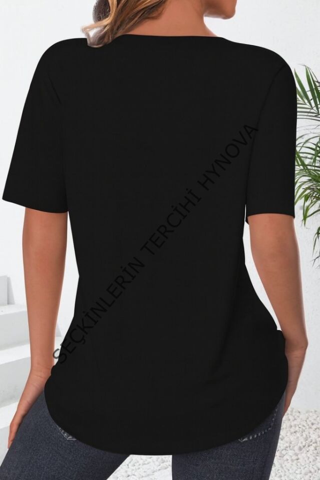 Kadın Kısa Kollu çentikli V Düğme Detaylı V Yaka önden Pileli Ithal Keten Bluz