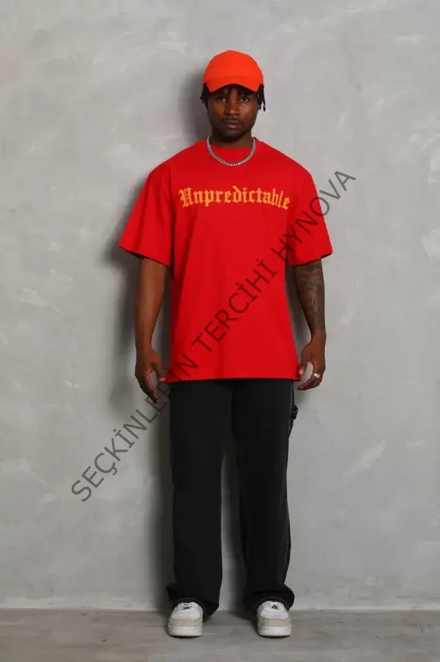 Unisex Oversize Baskılı Bisiklet Yaka T-Shirt - Kırmızı