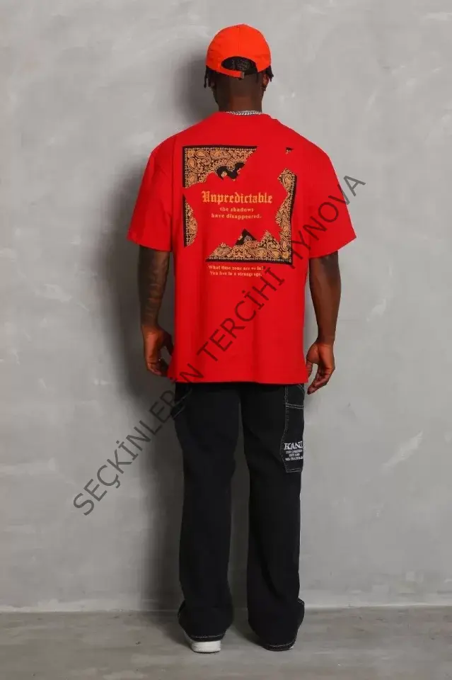 Unisex Oversize Baskılı Bisiklet Yaka T-Shirt - Kırmızı