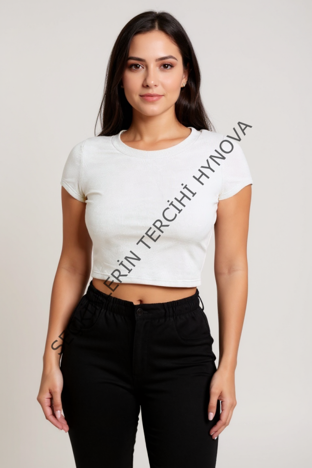Kadın Beyaz Yuvarlak Yaka Yarım Kol Crop Top Bluz