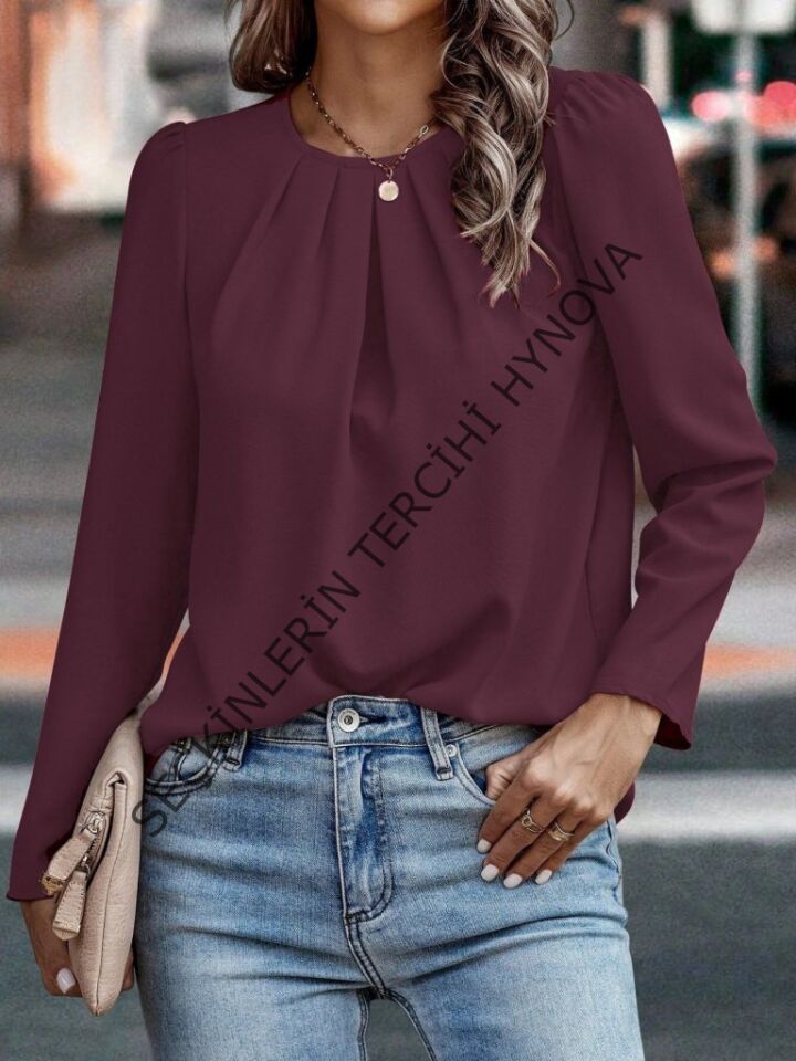 Kadın Uzun Kollu Yuvarlak önden Pileli Ithal Krep Bluz