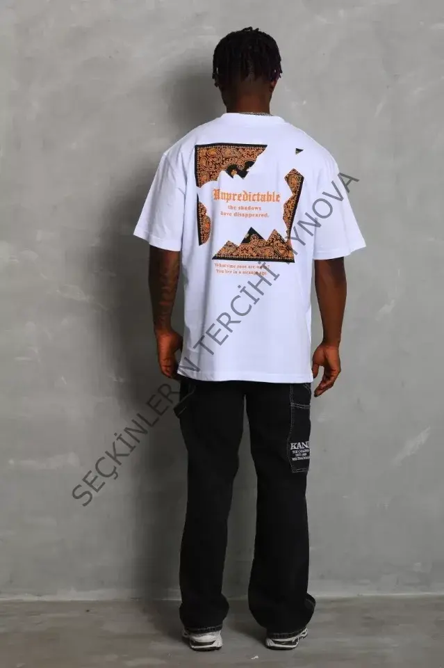 Unisex Oversize Baskılı Bisiklet Yaka T-Shirt - Beyaz