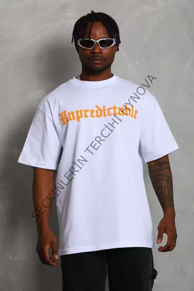 Unisex Oversize Baskılı Bisiklet Yaka T-Shirt - Beyaz