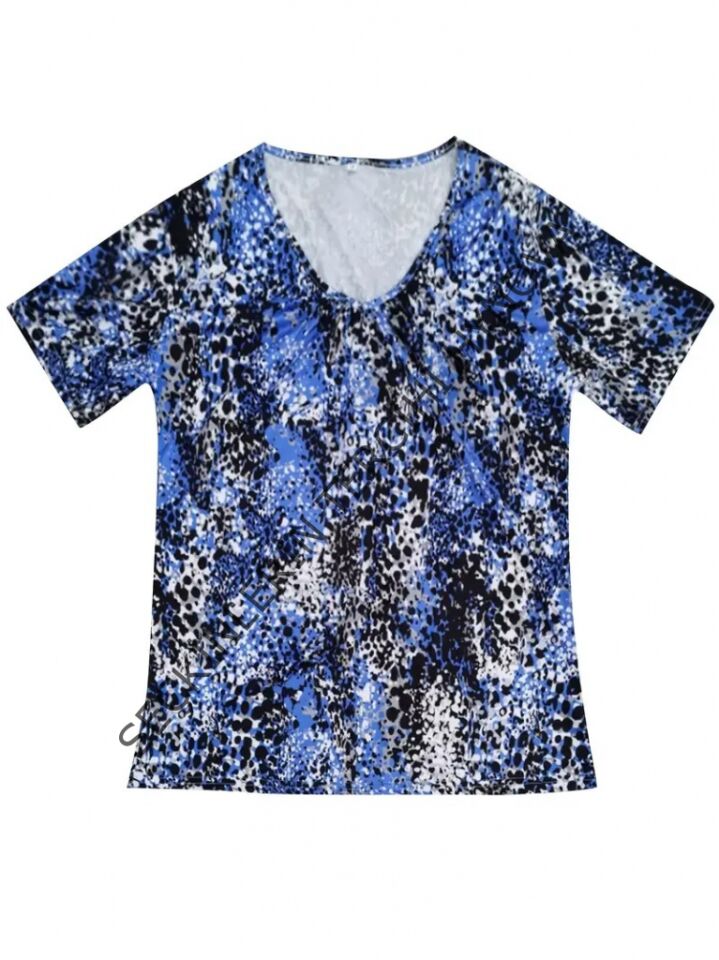 Kadın V Yaka Renkli Leopar Desen Büzgü Detay Süprem Bluz