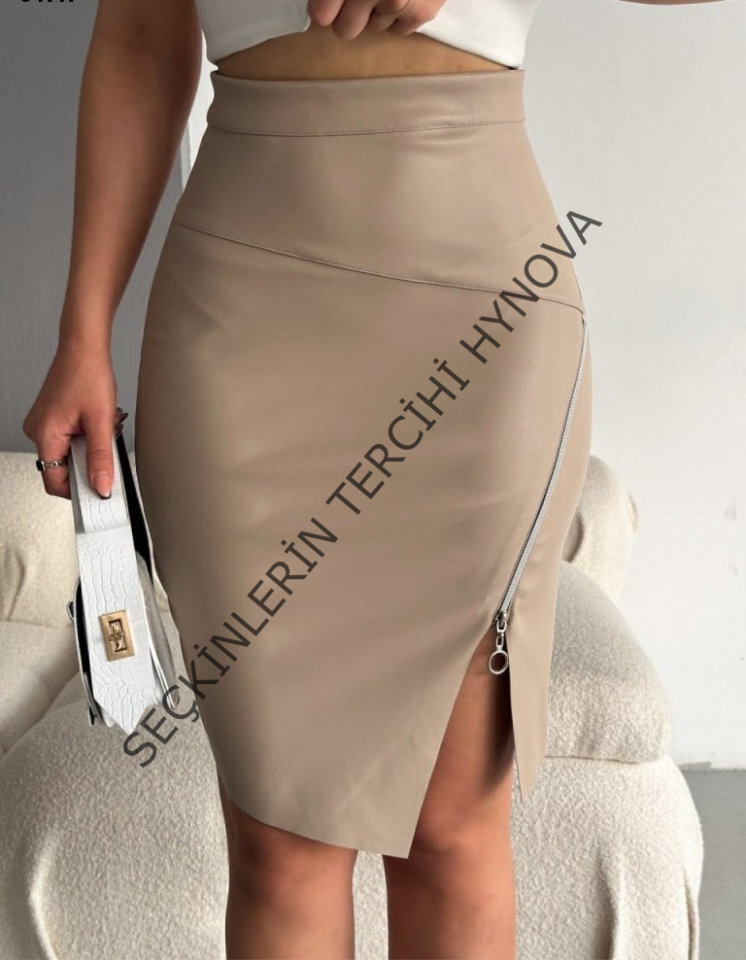 Kadın Fermuarlı Deri Kumaş Mini Etek