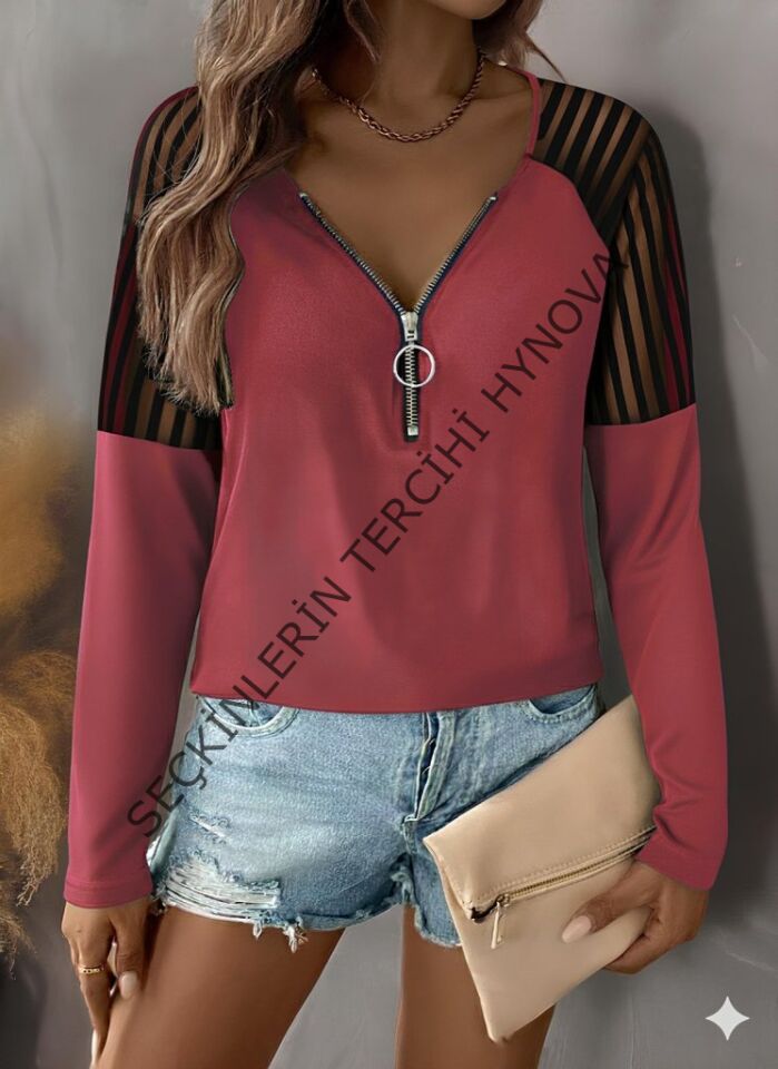 Kadın Uzun Kollu Yakadan Fermuarlı Viskon Bluz