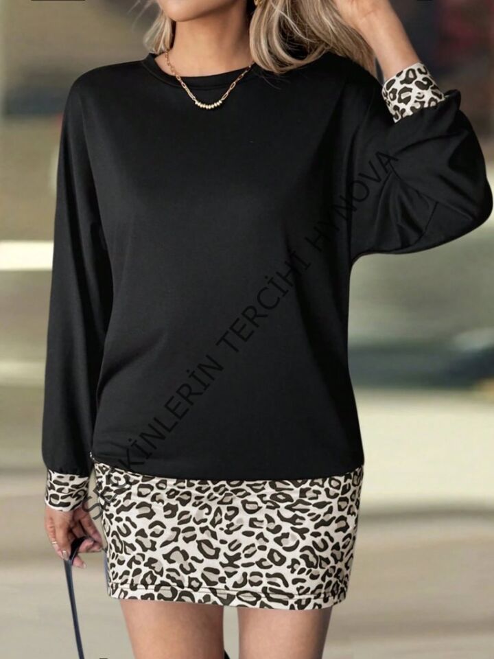 Kadın Uzun Kollu Bisiklet Yaka üst Viskon Iki Iplik Alt Leopar Desenli Mini Elbise