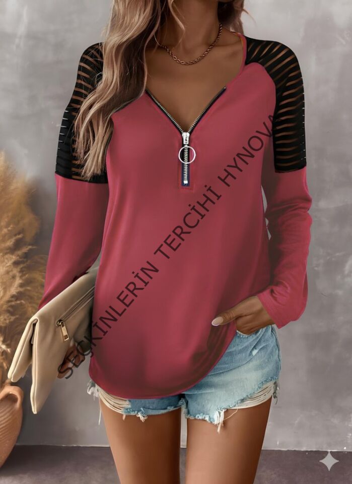 Kadın Uzun Kollu Yakadan Fermuarlı Viskon Bluz