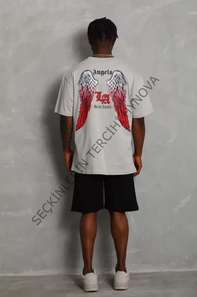 Unisex Oversize Baskılı Bisiklet Yaka T-Shirt - Gri