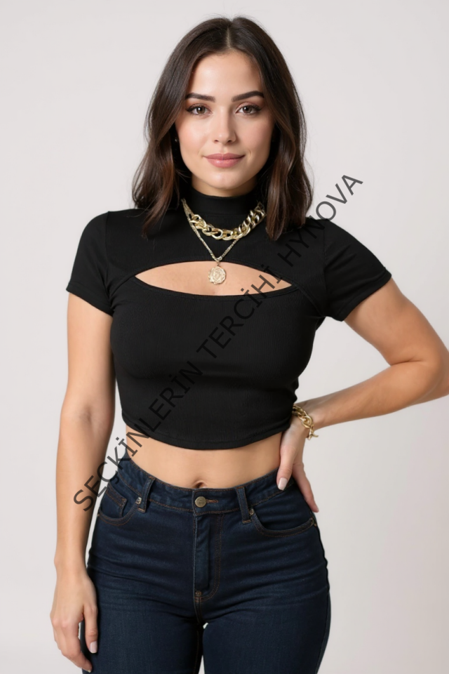 Kadın Siyah Göğüs Dekolteli Yarım Kollu Cut Out Crop Top Bluz – Şık, Rahat ve Kolay Kombinlenebilir